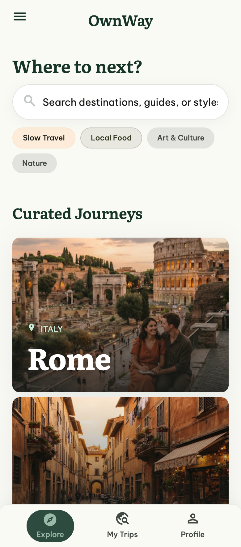 OwnWay app — explore curated journeys with Rome featured
