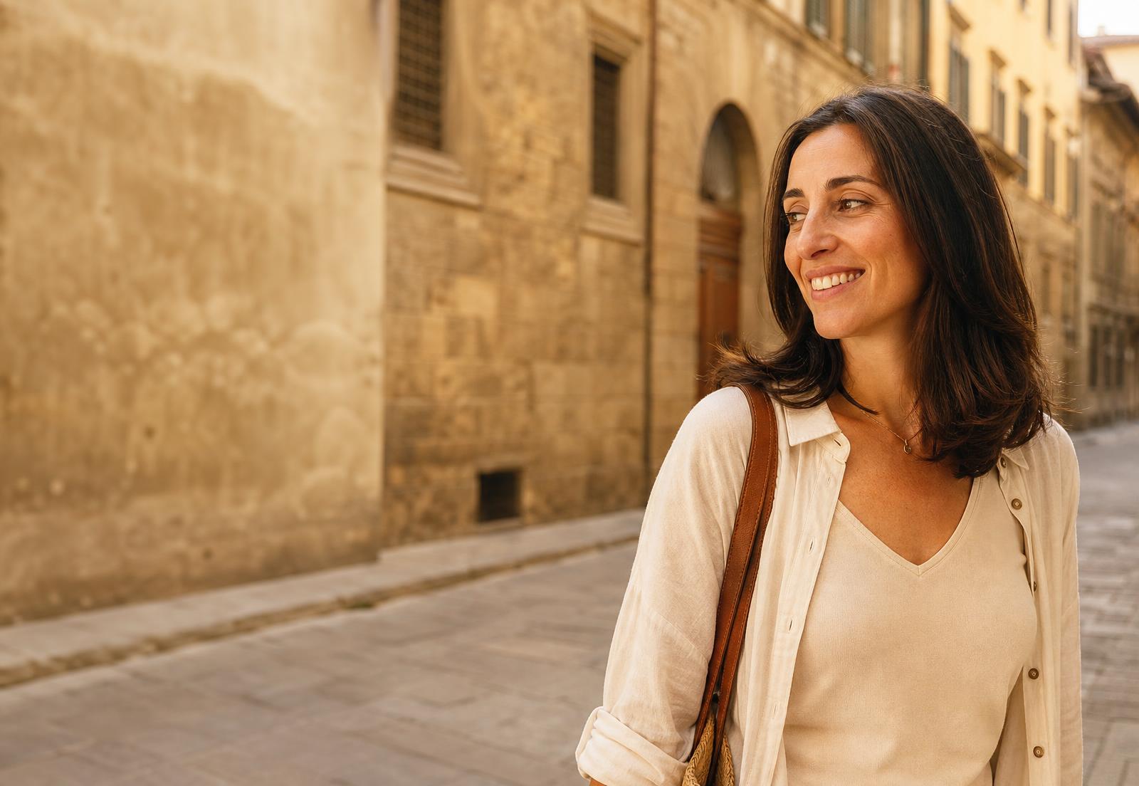 A local person in a sunlit Florentine street, smiling and looking to the left as if sharing a travel tip